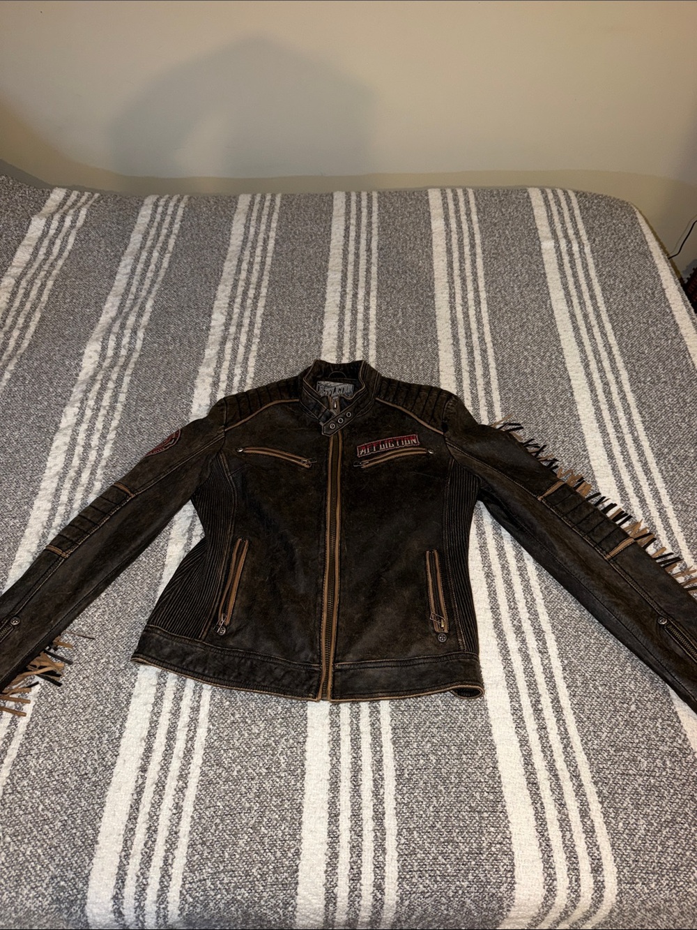 Affliction Distressed Brown Leather Fringe Moto Jacket